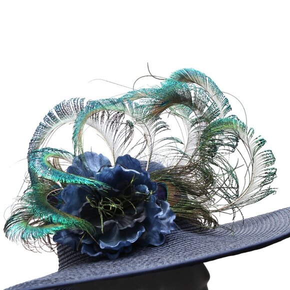 Large Brim Hat Peacock Feathers Floral Queens Plate Horse Race Summer Parties - Picture 3 of 12